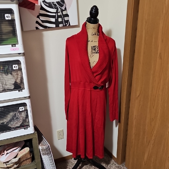 Dress Barn Dresses & Skirts - 2xl NWT Dress Barn Red Long Sleeve Dress with Belt.